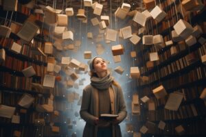 A girl standing and surrounded by books and shes lookin at them