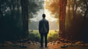 A person standing half in colorful envoirnment and half in monochrome giving the ideology of motivation